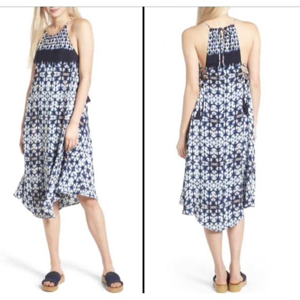 ASTR The Label Delfina Midi Dress M Halter Blue Tie Dye Lace Up Boho Festival
